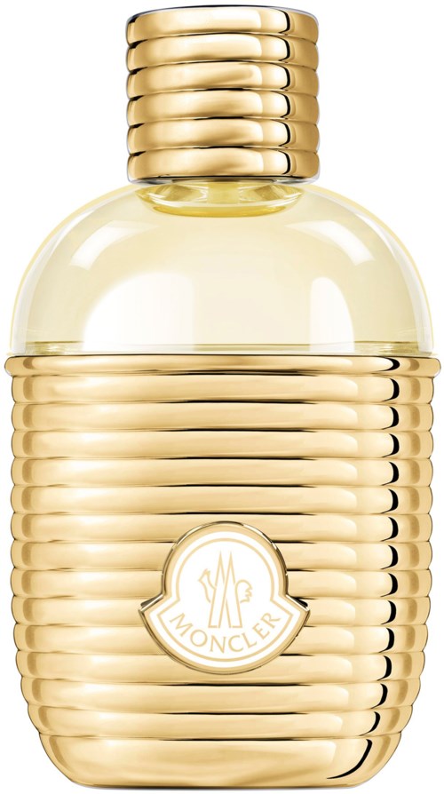 Kullanvärinen pullo, jossa vaakasuorat urat ja Moncler-logo edessä.