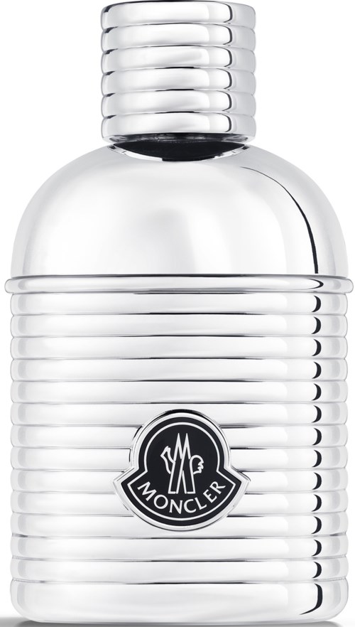 kiiltävä hopeinen hajuvesipullo, jossa on ribbikuvio ja Moncler-_logo etuosassa.