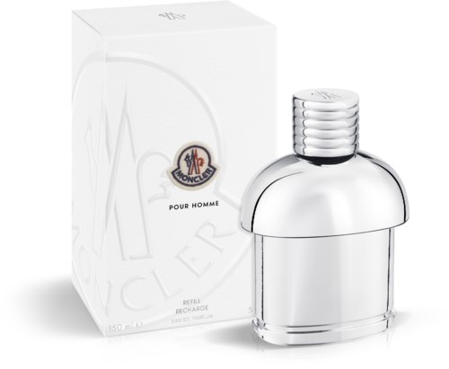 Moncler Pour Homme -hajuvesipullo ja rasia, yksinkertainen muoto, hopea ja valkoinen värit, pieni ja tyylikäs.