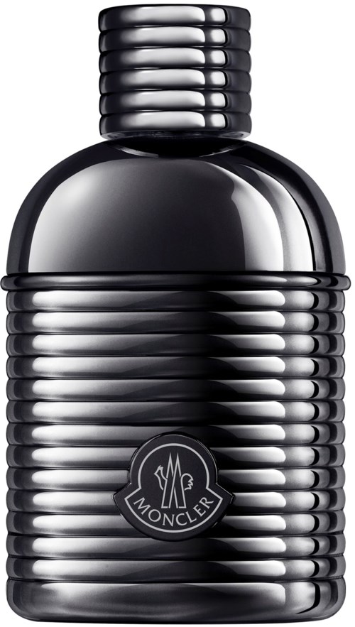 Tyylikäs, musta, ribbikäsipullo, jossa on Moncler-logo keskellä, tiukasti kiinnitetty kierrekorkilla.