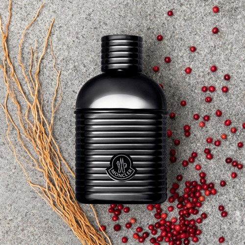Mustavalkoinen Moncler-hajuvesipullo, jossa on laittaa, on harson ympärillä punaisia marjoja ja kuivuneita kasvinvarsia harmaalla pinnalla.