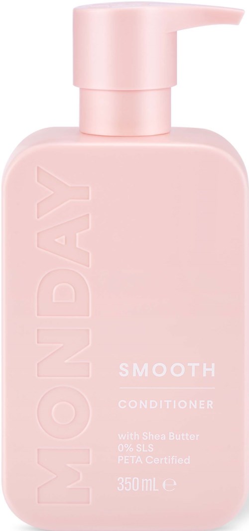 Pink bottle of smooth conditioner with a pump, labeled with ingredients and branding.