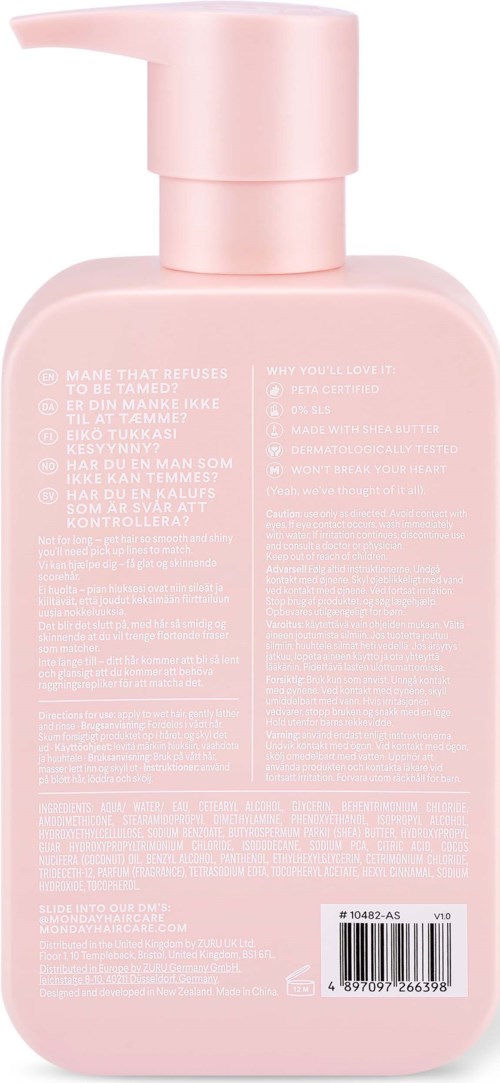 A pink bottle with a pump, probably used for soap or lotion. It has text on the back with instructions and information.