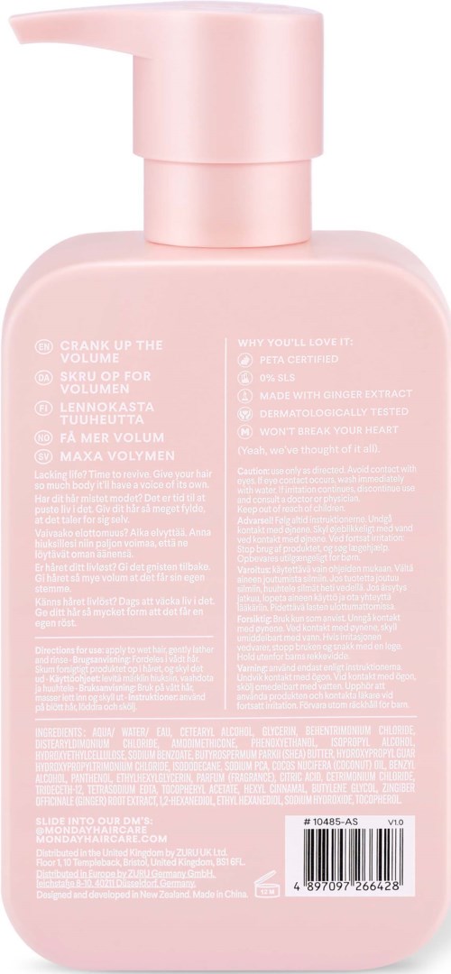 Pink bottle with a pump, labeled with instructions and text, likely for hair or body care.