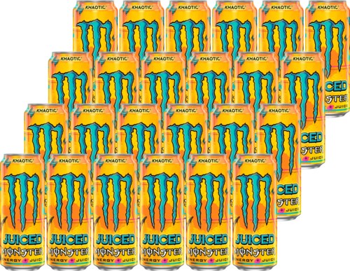 Many cans of Monster energy drink, bright yellow with a blue claw logo, arranged in rows.