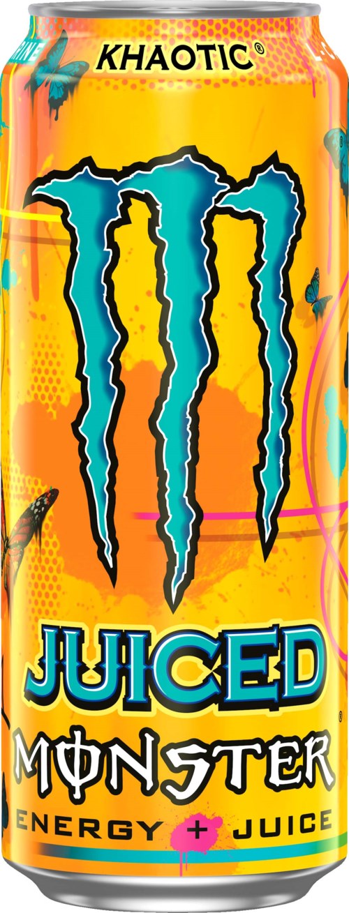Bright yellow can with blue Monster logo, called 'Khaotic Juiced', adds energy flavor with colorful design.