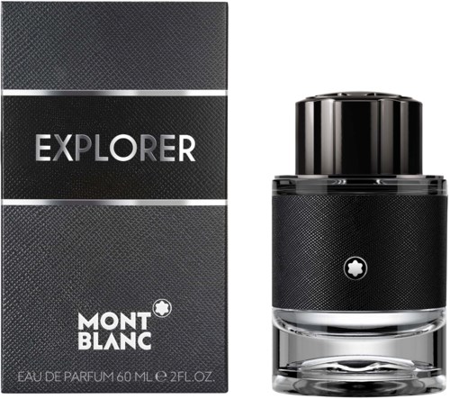 Montblanc Explorer parfumfles en doos, zwart en zilver ontwerp, gestructureerd oppervlak, slank vorm.