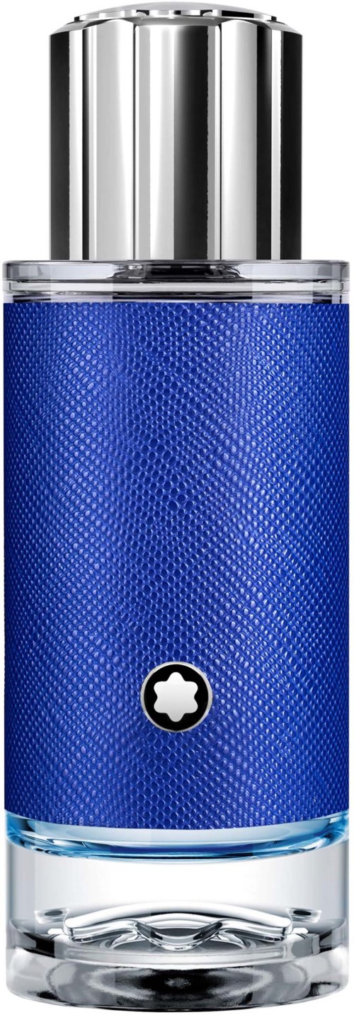 Een blauwe en zilverkleurige fles met een getextureerde oppervlak en een logo in het midden.