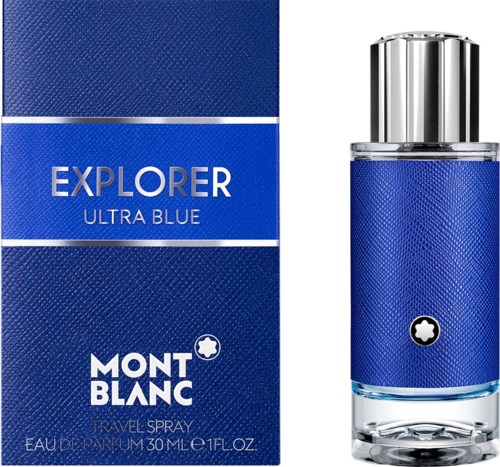 Een blauw Montblanc Explorer Ultra Blue parfumfles en doos, met zilveren dop en eenvoudig ontwerp.