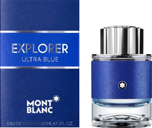 Een blauwe parfumdoos en fles met Mont Blanc-logo, gemarkeerd Explorer Ultra Blue, 60ml.