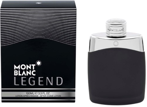 Montblanc Legend aftershave-flacon en verpakking, strak zwart ontwerp met zilveren accenten.