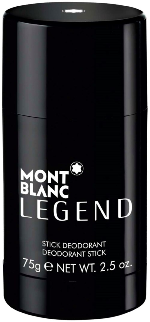 Zwarte deodorantstick met witte tekst, gelabeld 'Mont Blanc Legend', gewicht 75g, netto 2.5 oz.