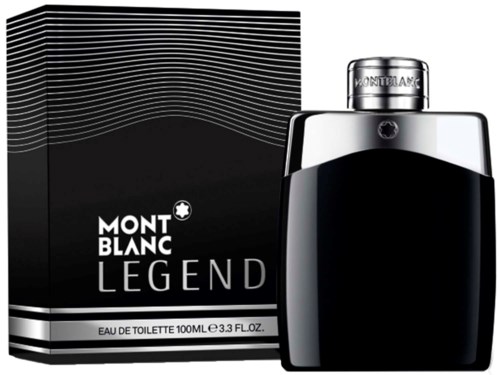 Een zwarte fles Mont Blanc Legend parfum met de doos erachter, strak ontwerp.