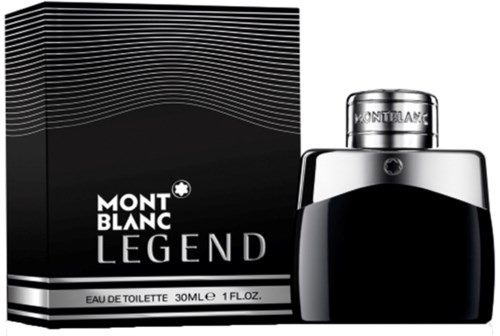 Een zwart en zilveren fles en doos voor Mont Blanc Legend parfum, met modern ontwerp en merktekens.