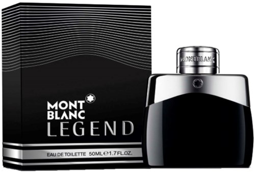 Mont Blanc Legend parfumdoos en fles zijn zwart met zilveren details.