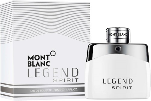 Een parfumpomp en doos met de woorden 'Legend Spirit' en 'Mont Blanc'.