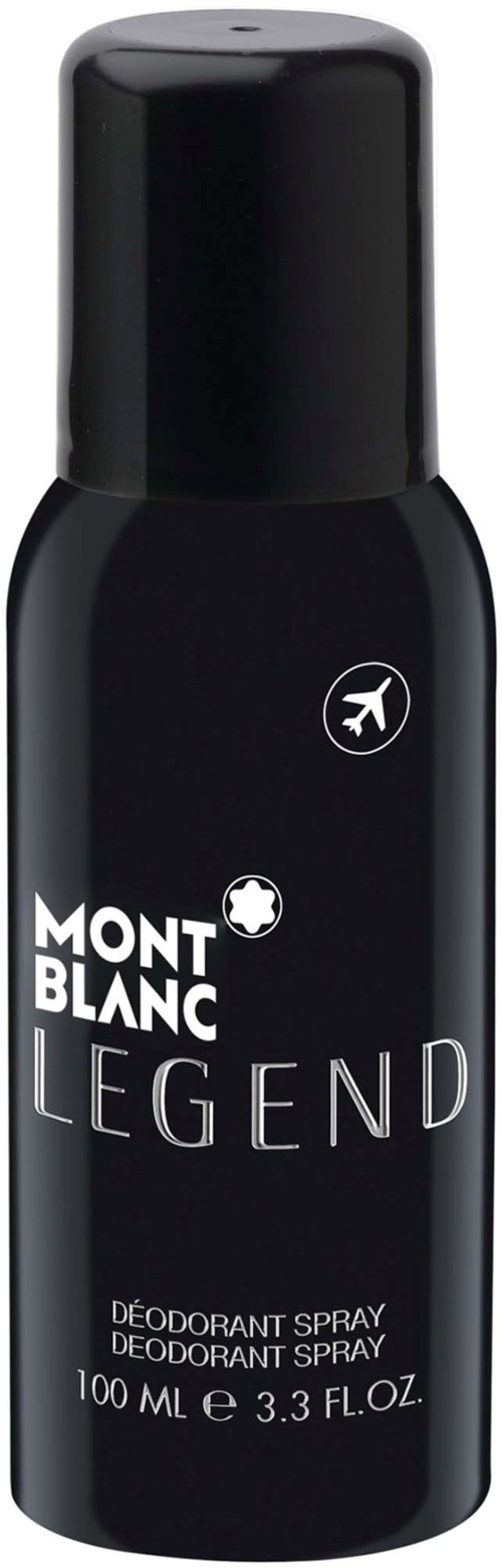En svart sprayflaska med vitt text som säger Mont Blanc Legend och deodorant sprej.