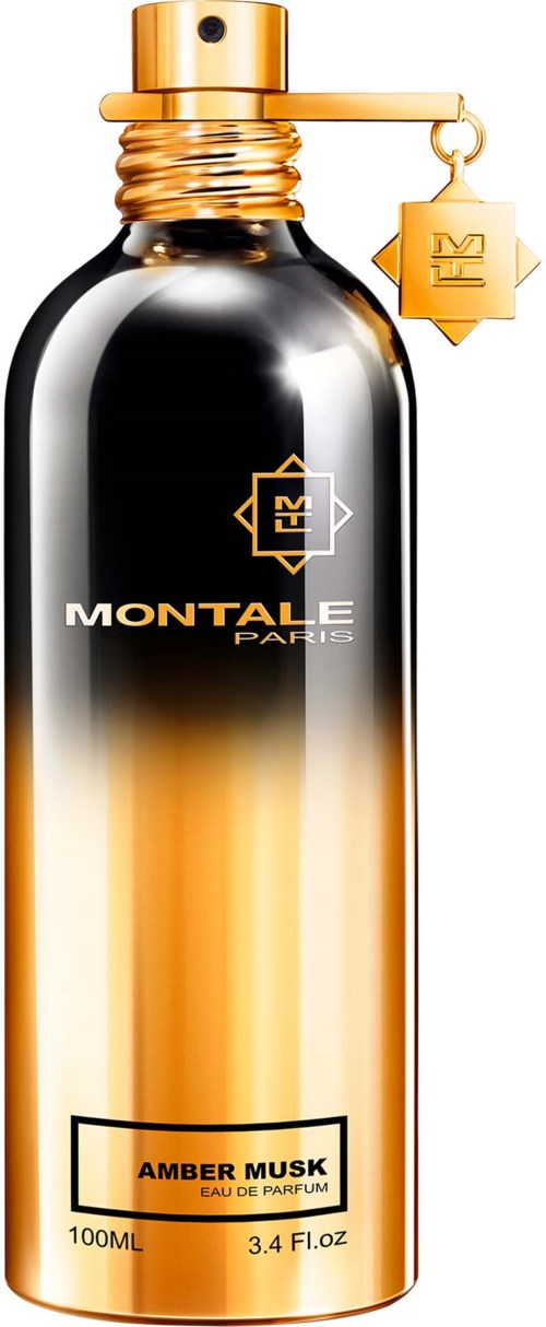 Zwarte en gouden parfumfles met een label, genaamd 'Amber Musk.' Elegant en glanzend ontwerp. Bevat 100 ml.