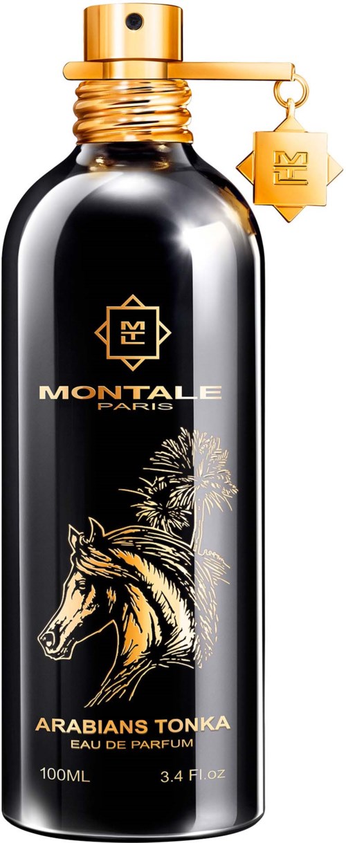 Een zwarte parfummerf met gouden dop en etiket, met een tekening van een paard en het merk Montale Paris.