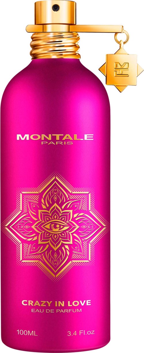 Een roze parfumfles met gouden dop en hangende bedel, gemerkt 'Montale Paris Crazy in Love Eau de Parfum.'