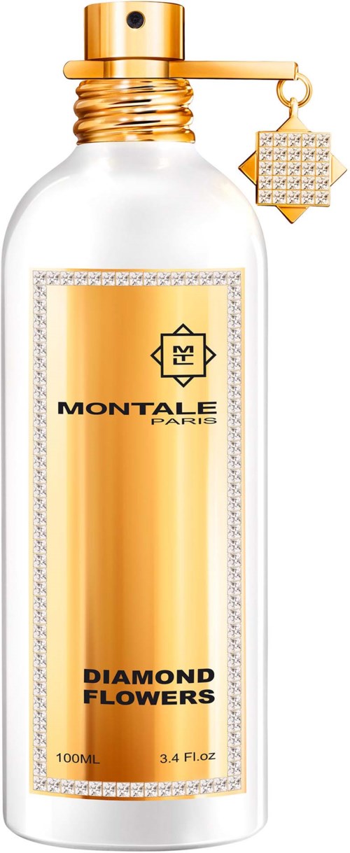 Een doorzichtige parfumfles met gouden dop en decoratieve hanger, gelabeld 'Montale Paris Diamond Flowers.'