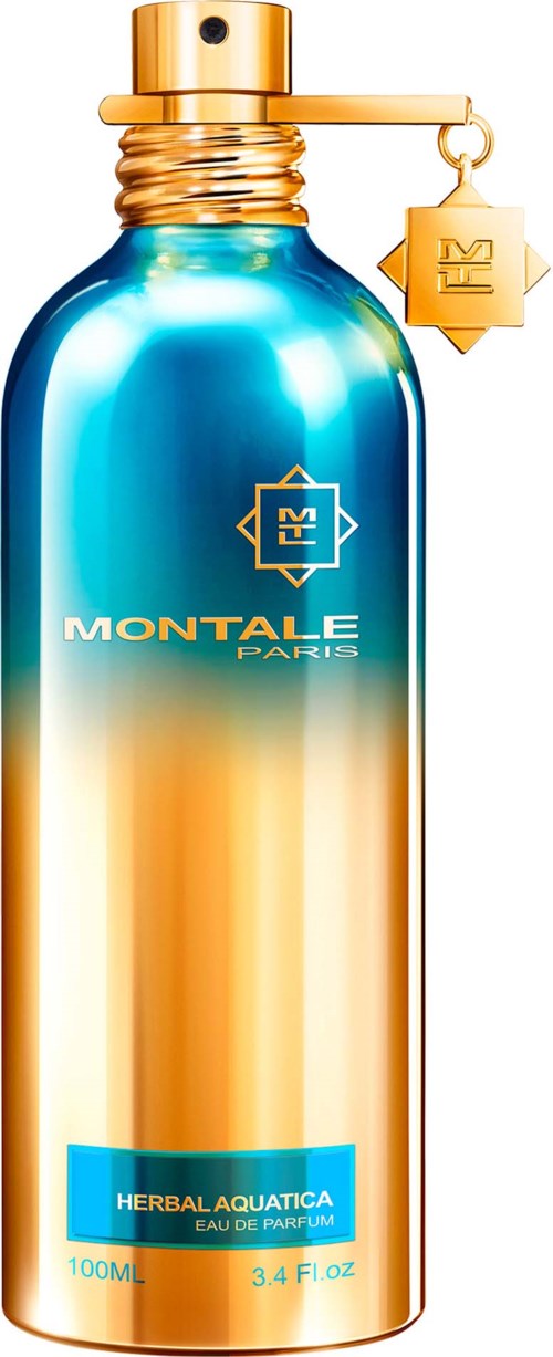 Een glanzende blauwe fles met gouden dop en label, genaamd 'Herbal Aquatica' parfum door Montale Paris.