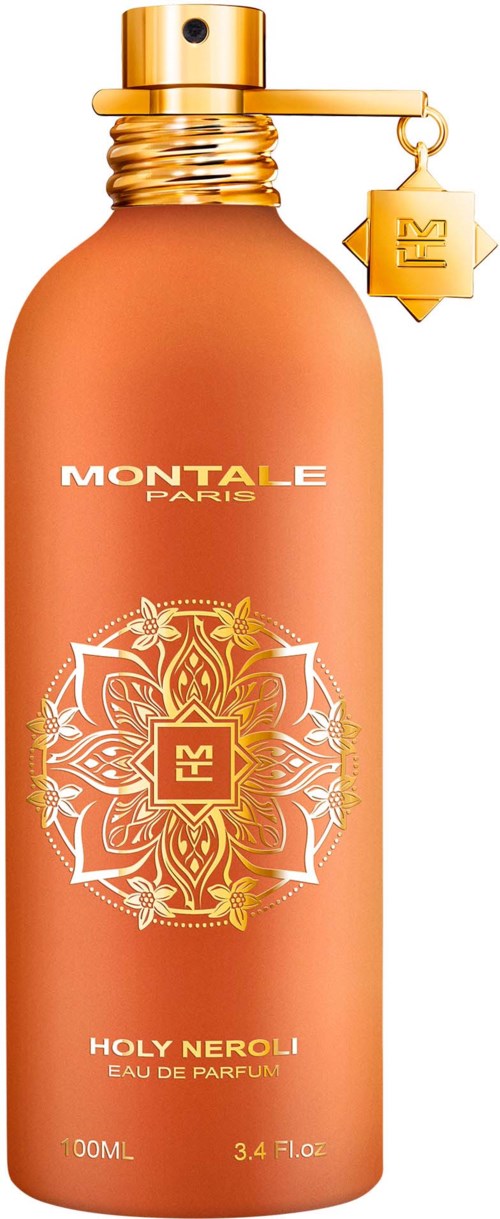 Een roze parfumfles met gouden dop en hanger, genaamd "MONTale PARIS", met een sierlijk wit en goud ontwerp.