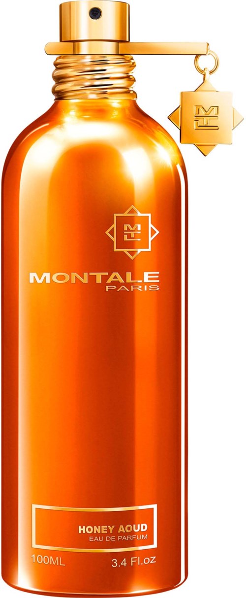 Een glanzende gouden parfumfles met Montale-logo, label 'Honey Aoud,' en een spray met hanger.