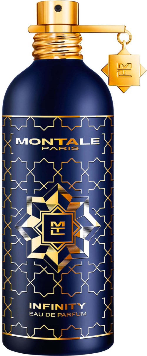 Een donkerblauwe parfumfles met gouden details en geometrisch ontwerp, gemarkeerd Montale Paris Infinity Eau de Parfum.