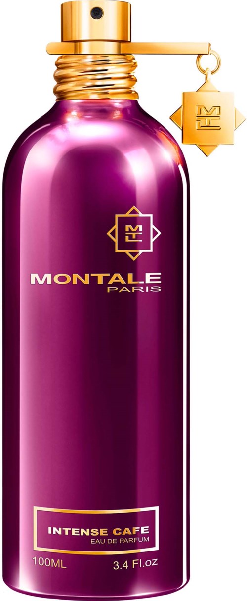 Een lange, glanzende paarse parfumfles met gouden dop en label, gemerkt Monale Paris Intense Cafe.