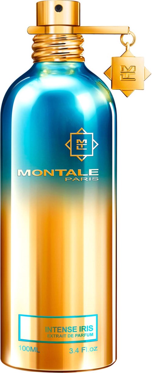 Een decoratief parfumflesje met blauwe en gouden kleuren, een grote label en een hangende gouden bedel.