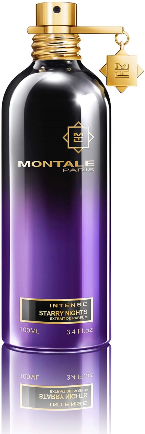 Een lange, glanzende fles met Montale Starry Nights op het label, met een verloop van paars naar zwart en een gouden dop.