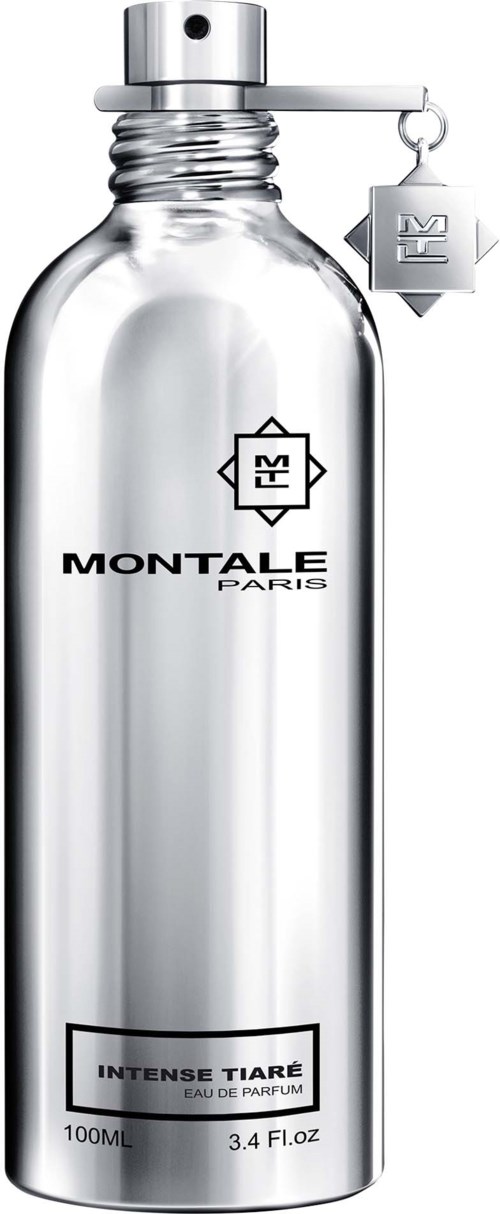 Een heldere parfumsfles met een zilveren spraydop, gelabeld 'Montale Paris' en 'Intense Tiare', met een klein label.