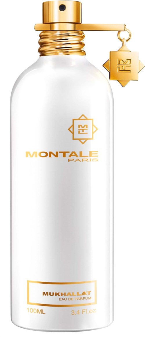 Een witte parfumfles met gouden details, een hangend figuur en de merknaam MONTale PARIS.