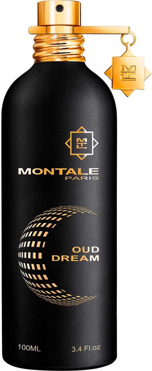En svart parfymflaska med guldlock och detaljer, med en måne och texten 'Oud Dream' och 'Montal Paris.'