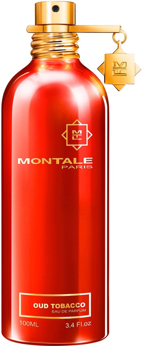 En rød parfymeflaske med gullhette og kjede, merket 'Oud Tobacco' av Montale Paris.
