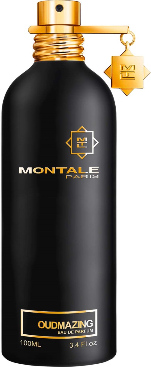 A black perfume bottle with a gold cap and a tag, featuring the brand Montal Paris and the label Oudmazing.