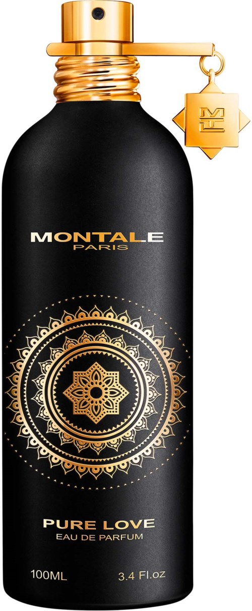 En svart parfyllfyllare med guldkapacitet och dekor, märkt 'Montale Paris Pure Love Eau de Parfum.'