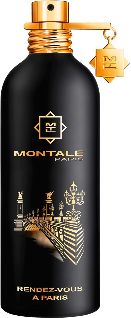 Een stijlvolle zwarte fles met gouden accenten, met beroemde Paris-merken en de tekst "Rendez-vous a Paris".