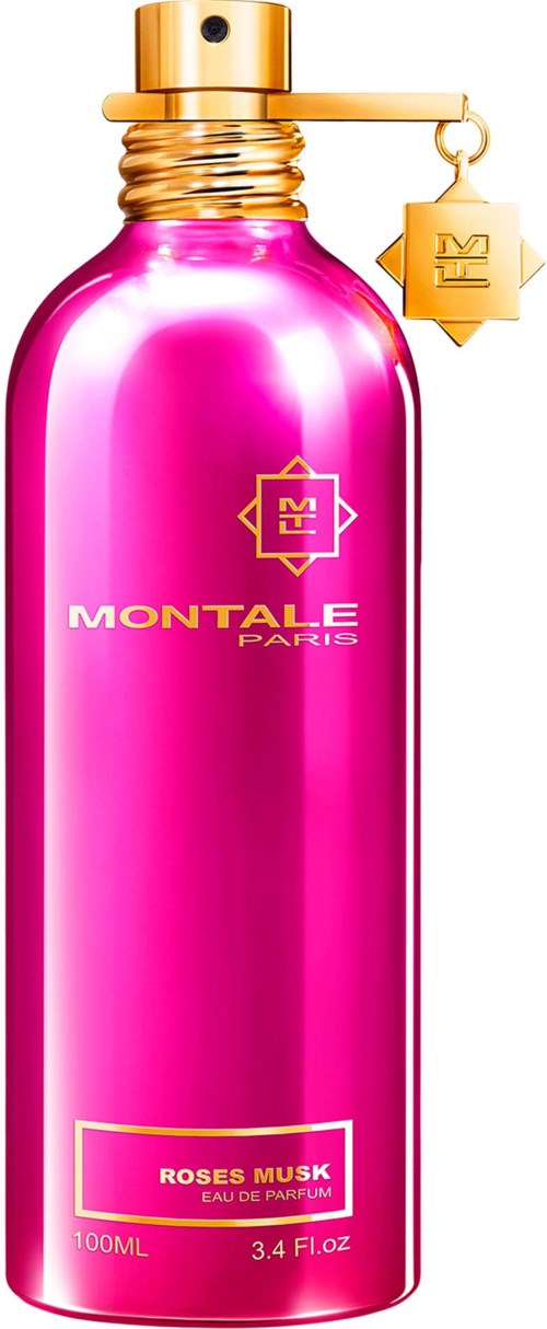En blank rosa parfymeflaske med gullfargede detaljer, merket 'Roses Musk' av Montale Paris, og en liten hengende charm.