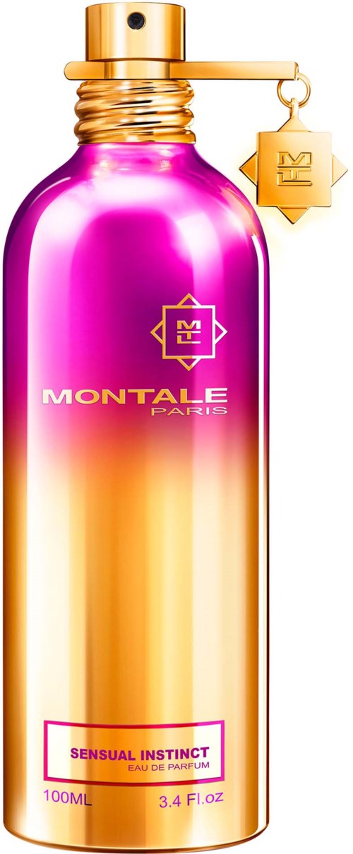 En glänsande rosa och guld doftflaska med en liten hängande charm, märkt 'Sensual Instinct' av Montale Paris.