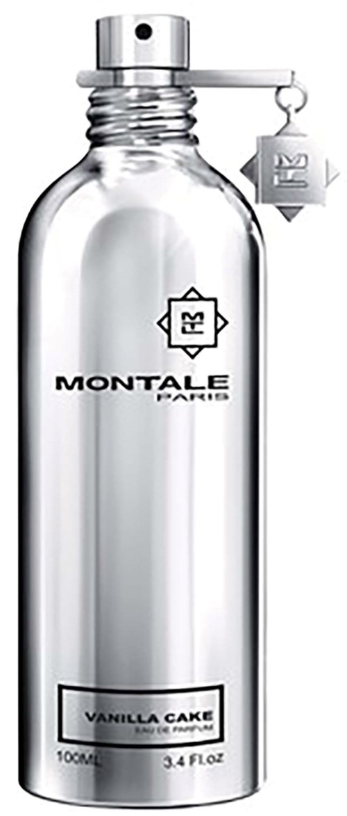 Een heldere, zilveren sprayfles met 'Montale Paris Vanilla Cake' label en eenvoudig ontwerp.