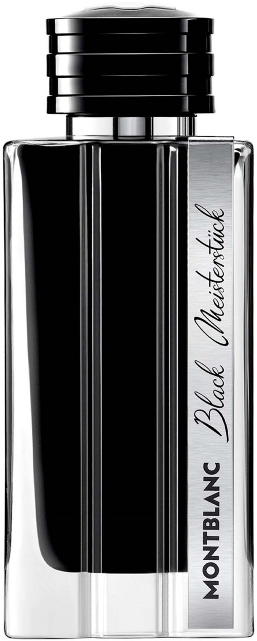 Een strak glazen fles met een zwarte dop en label 'Montblanc Black Meisterstück' aan de zijkant.