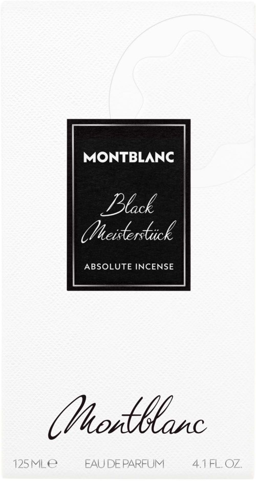 Dit is een witte doos met een zwart label met het merk Montblanc en productnaam Black Meisterstuck, parfum.