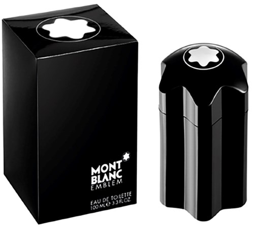 Montblanc Emblem parfuming en doos, zwart en zilver ontwerp, elegant en luxe.