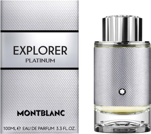 Een Montblanc Explorer Platinum parfumfles en doos, zilverkleurig textuurrijk ontwerp, met zwarte en witte tekst.