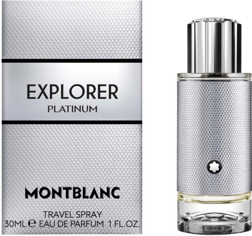 Montblanc Explorer Platinum resedoften i en slät silverflaska med en texturerad design och en glänsande kork.