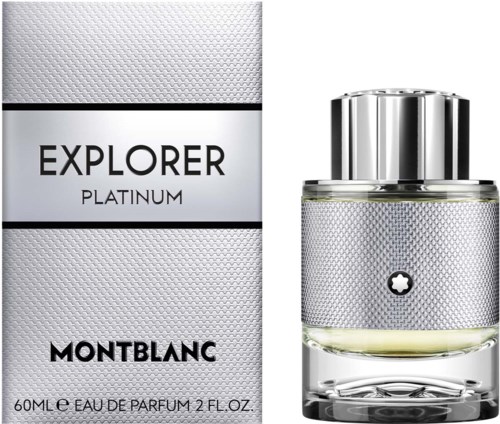 Een parfumfles en doos gelabeld 'Explorer Platinum' door Montblanc. De fles is rond met een zilveren dop.