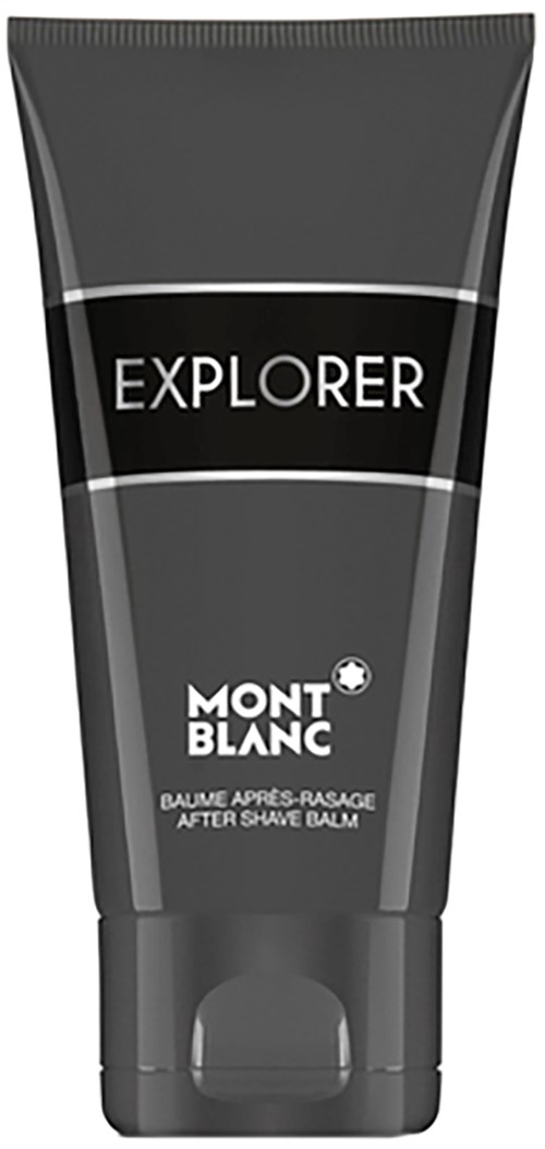 Zwarte tube aftershave balsem met label 'EXPLORER' en 'MONT BLANC.'