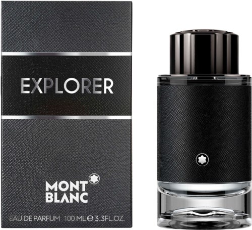 Een fles Montblanc Explorer parfumsamen met zwart doos met zilveren lijnen en tekst.